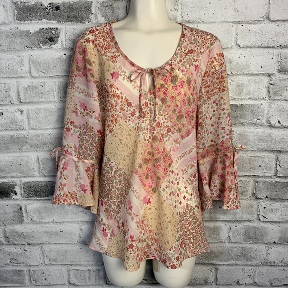 Vintage Y2K Reitmans Sheer Floral Bell Sleeve Boho Blouse Tunic Top - Picture 1 of 14